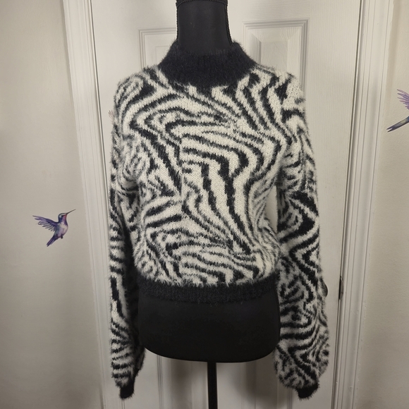 Wednesday’S Girl Sweaters - Wednesday's Girl Fuzzy Zebra Print Mock Neck Cropped Sweater XS Y2K